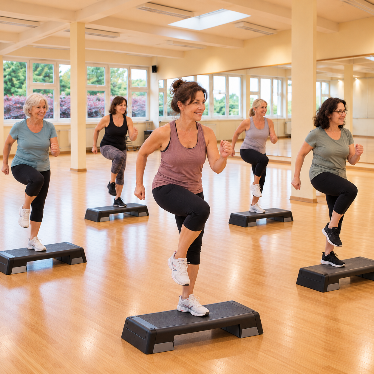 KI-generiertes Motiv: Frauen beim Step-Gruppentraining im Tanzhouse-Saal